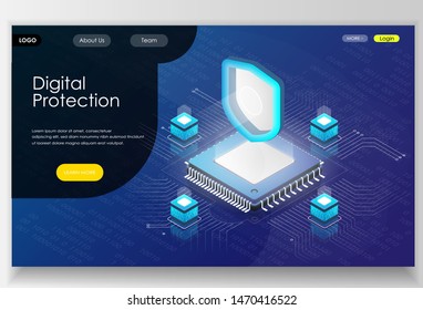 Digital protection concept. CPU with a shield and blockchain. Can use for banners, landing page, website etc. Vector isometric illustration.