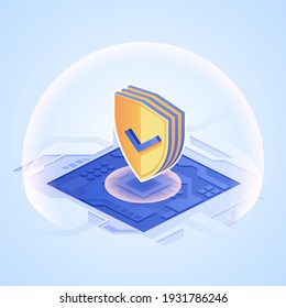 Digital protection concept. Shield with checkmark on microchip in isometric design. Defence from hacking, personal data breach threat. Vector illustration of web security technology antivirus program