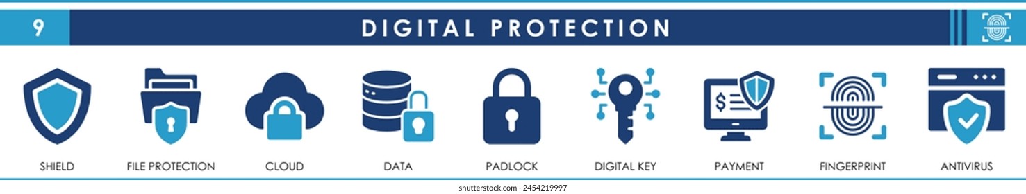 Digital Protection flat icons collection. Set of icons with Padlock, fingerprint, antivirus, payment protection and so on.