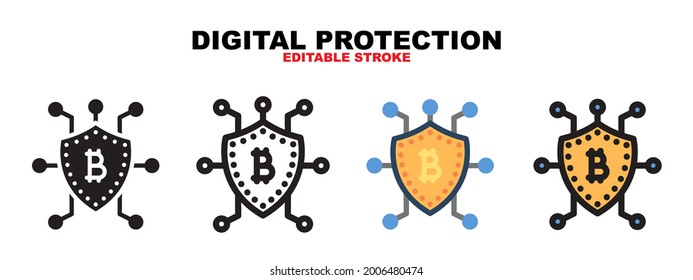 Digital protection icon with cryptocurrency collection. Icons are designed in full color, outline, flat, glyphs and lines. Perfectly editable strokes and pixels. Works for web, mobile, ui and more.