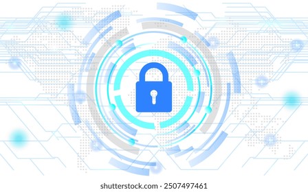 Digital protection and security cyberspace, network data and dynamic circle lines on a light blue background, cyber security concept with a padlock icon