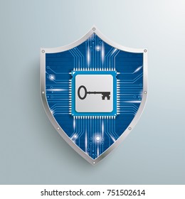 Digital protection shield with microchip and key on the gray background. Eps 10 vector file.