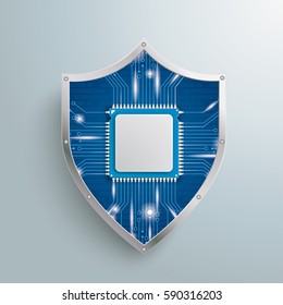 Digital protection shield with microchip on the gray background. Eps 10 vector file.