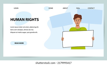 Digital Protest Landing Page Template.  Protesting person with banners. Online activism. Vector illustration.