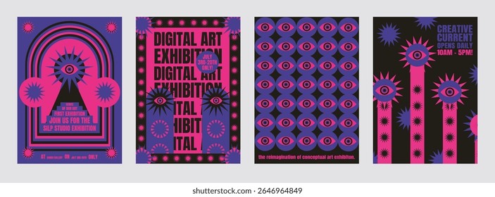 Digital psychedelic art exhibition posters in vibrant pink and blue. Eye motifs and bold text. Creative, digital, and exhibition elements. Psychedelic retro poster template vectors.