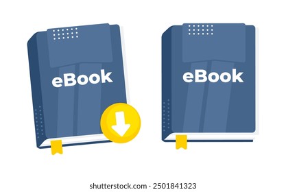 Digital publication concept featuring two blue ebooks with download icon, symbolizing online reading and digital library access