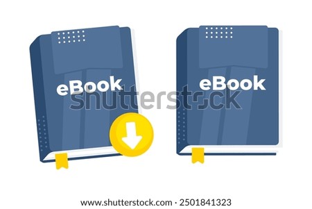 Digital publication concept featuring two blue ebooks with download icon, symbolizing online reading and digital library access