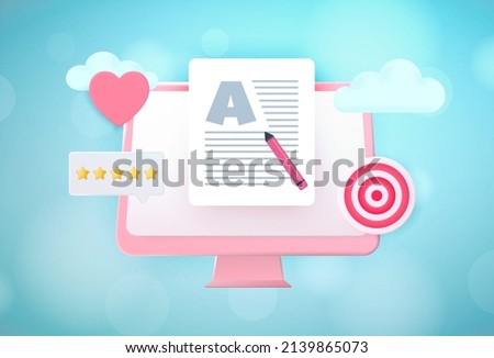 Digital publishing, Blog articles creation - content writing concept 3d vector illustration. Freelance blog marketing, article work writer, media and copywriter creator. Blogging vector illustration