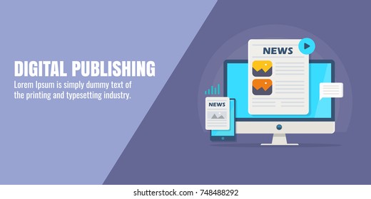 Digital publishing, content marketing, guest blogging flat design vector banner with icons and texts