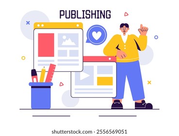 Digital Publishing Vector Illustration featuring Blog Content Marketing, Writing for Social Media, and Webpage Organization in a Flat Style Background