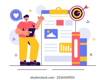 Digital Publishing Vector Illustration featuring Blog Content Marketing, Writing for Social Media, and Webpage Organization in a Flat Style Background