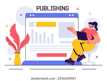 Digital Publishing Vector Illustration featuring Blog Content Marketing, Writing for Social Media, and Webpage Organization in a Flat Style Background