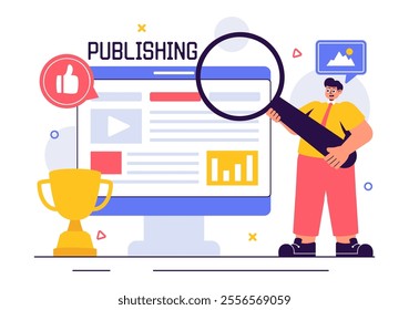 Digital Publishing Vector Illustration featuring Blog Content Marketing, Writing for Social Media, and Webpage Organization in a Flat Style Background