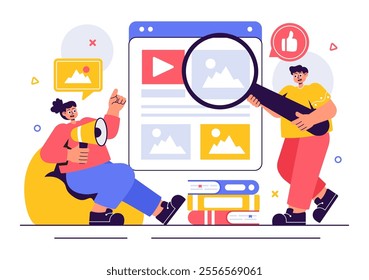 Digital Publishing Vector Illustration featuring Blog Content Marketing, Writing for Social Media, and Webpage Organization in a Flat Style Background