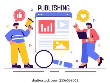 Digital Publishing Vector Illustration featuring Blog Content Marketing, Writing for Social Media, and Webpage Organization in a Flat Style Background