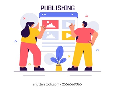 Digital Publishing Vector Illustration featuring Blog Content Marketing, Writing for Social Media, and Webpage Organization in a Flat Style Background