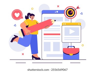 Digital Publishing Vector Illustration featuring Blog Content Marketing, Writing for Social Media, and Webpage Organization in a Flat Style Background