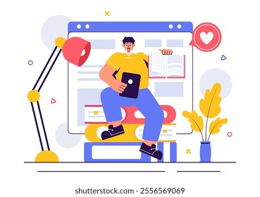 Digital Publishing Vector Illustration featuring Blog Content Marketing, Writing for Social Media, and Webpage Organization in a Flat Style Background