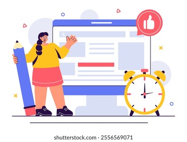 Digital Publishing Vector Illustration featuring Blog Content Marketing, Writing for Social Media, and Webpage Organization in a Flat Style Background