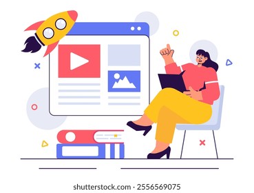 Digital Publishing Vector Illustration featuring Blog Content Marketing, Writing for Social Media, and Webpage Organization in a Flat Style Background