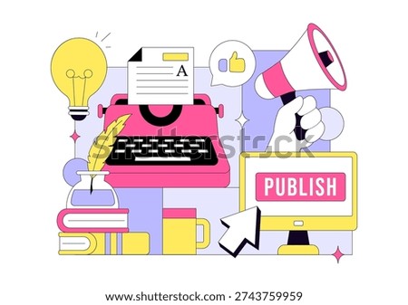Digital Publishing Vector Illustration Featuring Blog Content Marketing, Online Publish, Creative Writing For Social Media and Webpage Organization