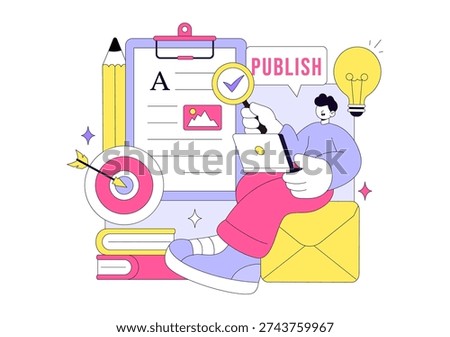 Digital Publishing Vector Illustration Featuring Blog Content Marketing, Online Publish, Creative Writing For Social Media and Webpage Organization