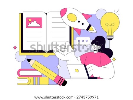 Digital Publishing Vector Illustration Featuring Blog Content Marketing, Online Publish, Creative Writing For Social Media and Webpage Organization
