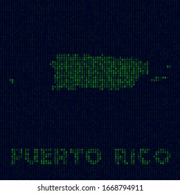 Digital Puerto Rico logo. Country symbol in hacker style. Binary code map of Puerto Rico with country name. Amazing vector illustration.