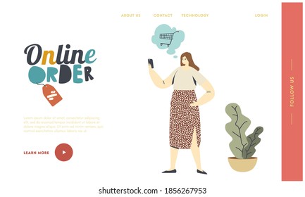 Compra digital, plantilla de la página de inicio de tienda de Internet. Personaje Femenino del Cliente Elige Productos Usando Smartphone. Compras en línea. Chica Comprando Usando La Aplicación Gadget. Ilustración de vectores lineales