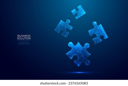 Digital puzzle. Abstract jigsaw.Business solution concept. Technology puzzle pieces on dark blue background in futuristic low poly wireframe style with blue hologram visual effect. Vector illustration