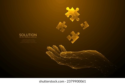 Digitales Puzzle Hologramm auf einer Hand. Erfolgreiches Lösungskonzept. Menschliches Palmenpuzzle. Abstrakte Puzzleteile. Low-Poly-Wireframe Vektorgrafik im futuristischen Stil mit goldenem Glitter. 