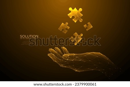 Digital puzzle hologram on a hand. Success solution concept. Human palm-holding puzzle. Abstract jigsaw pieces. Low poly wireframe vector illustration in futuristic style with golden glitter. 