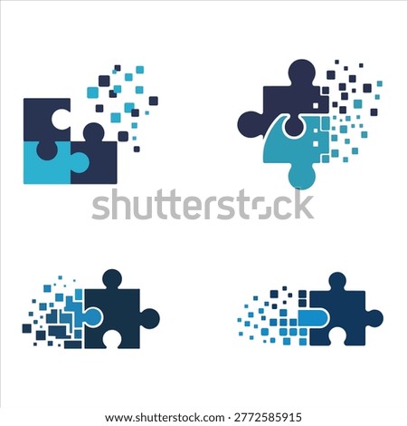 Digital puzzle piece with dispersing pixels, concept of data solution and integration, vector art