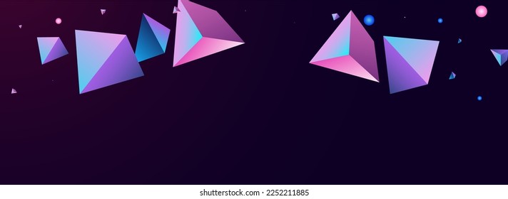 Vector de pirámide digital fondo violeta oscuro panorámico. Catálogo de Tetraedro disperso en arco iris. Pancarta geométrica mínima holográfica. Decoración minimalista de formas cósmicas.