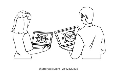 digital quantum internet vector. computer science, processor tech, innovation futuristic digital quantum internet character. people black line pencil drawing illustration