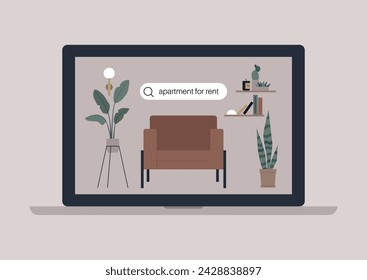 Digital Quest for a Cozy Apartment Space, A laptop screen displays a search for an apartment rental amid a tranquil home setting