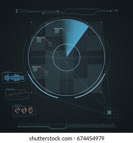 Digital radar screen. Futuristic user interface with detailed panels.