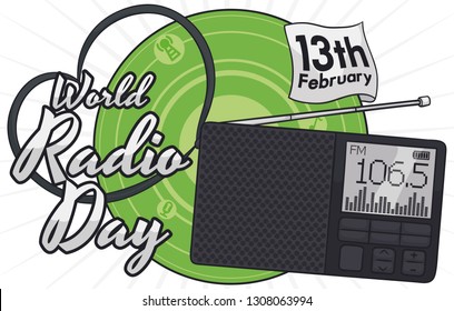Digital radio with a strap forming a heart shape and a ribbon with reminder date to celebrate World Radio Day in February 13.
