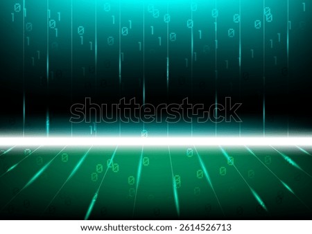 Digital Rain Abstract teal and dark green digital rain background with binary code falling from the top and reflecting on a bright white ground plane.