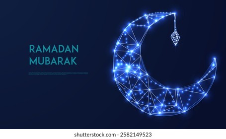 Digital Ramadan Mubarak Greeting Card with Glowing Crescent Moon and Star in Futuristic Low Poly Design on Dark Blue Background for Islamic Festivities