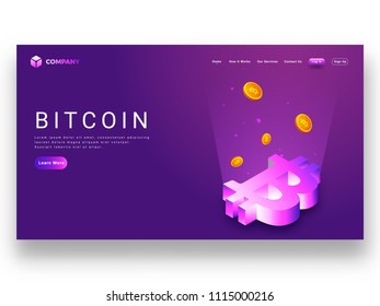 Digital rays coming from 3D bitcoin symbol on purple background, responsive landing page for Virtual currency concept.