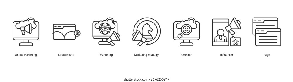Digital Reach Engine banner web icon set vector illustration concept with icon of online marketing, bounce rate, marketing, marketing strategy, research, influencer, page