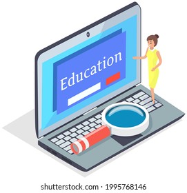 Digital reading, e-classroom textbook, modern education, e-learning, online training and course concept. Girl is looking at laptop screen with interface of program for learning via Internet