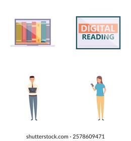 Digital reading icons set cartoon vector. People reading book in online library. Modern educational technology