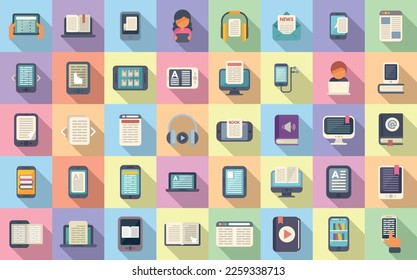 Digital reading icons set flat vector. Library book. Media audiobook