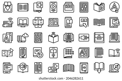 Digital reading icons set outline vector. Library book. Audiobook publishing