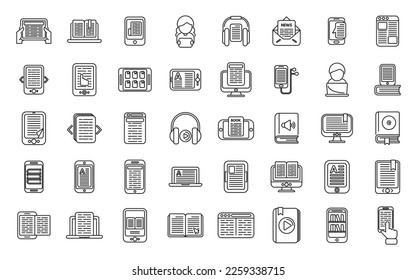 Digital reading icons set outline vector. Library book. Media audiobook