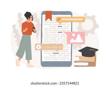 Digital reading isolated concept vector illustration. E-classroom textbook, modern education, mobile device, media-rich content, quick links, electronic document, multitasking vector concept.