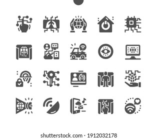 Digital reality. Global network. Fingerprint access. 3D visualization. Satellite surveillance. Unmanned vehicles. Innovation and future technology. Vector Solid Icons. Simple Pictogram