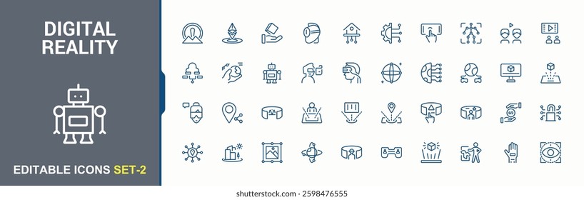 Digital Reality minimal icon set. Contains related to cyberspace, digital, tech, simulation, virtual reality, intelligence, cyber, reality. Meta Verse icons. Thin icon. Modern icon collections.